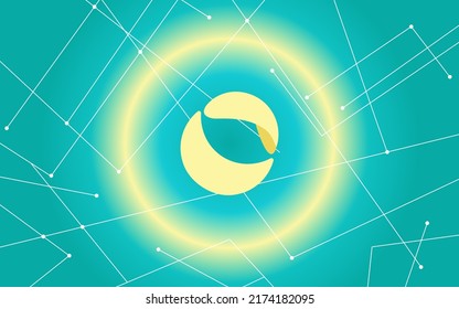 Terra LUNA in downtrend, the price falls down. Vector banner on a gradient turquoise background. Symbol of the cryptocurrency coin the down arrow. The trade crisis the collapse of the cryptocurrency.