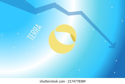 Terra LUNA downtrend price falls down. Vector banner on a blue gradient background with an arrow pointing down. Symbol of a cryptocurrency coin. The trade crisis the collapse of the cryptocurrency.