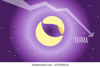 Terra LUNA downtrend, price falls down. Vector banner on gradient lilac background. The symbol of the cryptocurrency coin and the down arrow. The trade crisis and the collapse of the cryptocurrency.