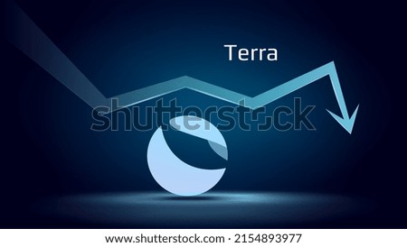 Terra LUNA in downtrend and price falls down on dark blue background. Cryptocurrency coin symbol and neon down arrow. Cryptocurrency trading crisis and crash. Vector illustration.