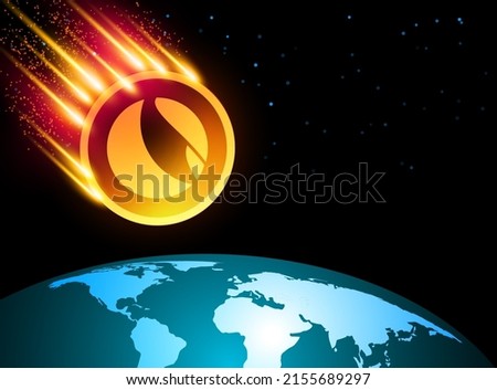 Terra LUNA in downtrend and price falls down. Cryptocurrency trading crisis and crash. Vector illustration. The moon flies to earth