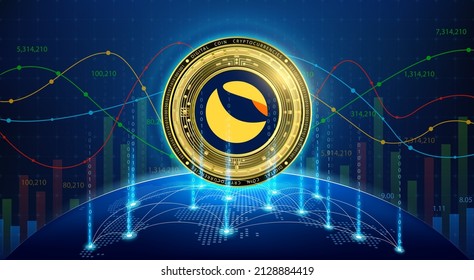 Terra (LUNA) gold coin. Token cryptocurrency currency on future internet. Digital online technology blockchain stock market and crypto currencies. Hologram with a globe and world map. Vector EPS10.