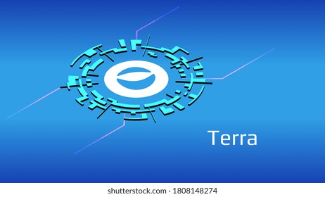 Terra LUNA isometric token symbol of the DeFi project in digital circle on blue background. Cryptocurrency icon. Decentralized finance programs. Vector EPS10.