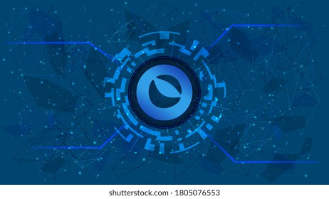 Terra LUNA token symbol of the DeFi project in a digital circle with a cryptocurrency theme on a blue background. Cryptocurrency icon. Decentralized finance programs. Copy space. Vector EPS10.