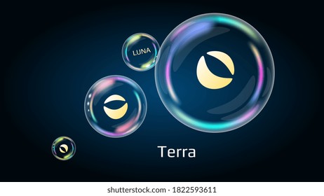 Terra LUNA token symbol in soap bubble, coin DeFi project decentralized finance. The financial pyramid will burst soon and destroyed. Vector EPS10.