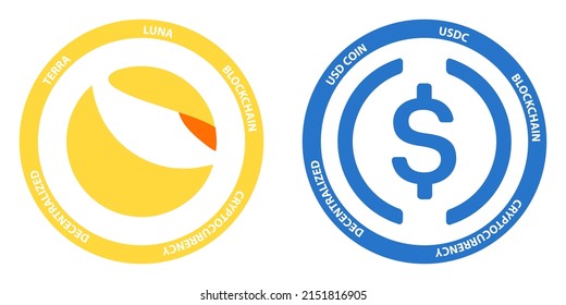 Terra LUNA and USD Coin USDC crypto logos. Cryptocurrency symbol set vector illustration template