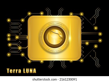 Terra lunna gold coin safety box background, Terra luna cryptocurrency, LUNA coin 3d illustration.