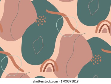 Terra Modern abstract shapes and lines seamless pattern background in trendy earthy hues, rainbow. Vector Illustration