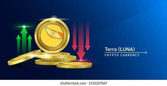 Terra token cryptocurrency banner. Future currency on blockchain stock market with red-green arrows up and down. Gold coins crypto currencies. Banner for news on a solid background. 3D Vector.