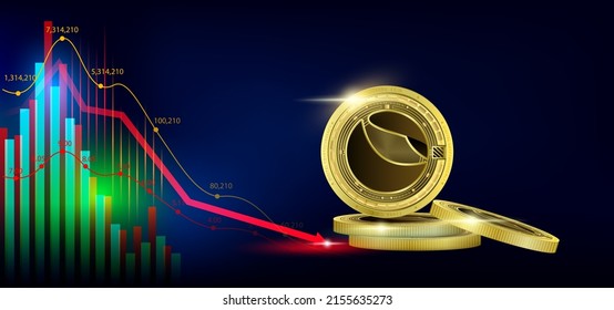 Terra token cryptocurrency. Currency on blockchain stock market with red arrow pointing down. Banner for news on a blue background. 3D Vector.