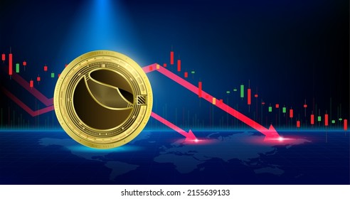 Terra token cryptocurrency. Future currency on blockchain stock market with red arrow pointing down. Gold coins crypto currencies. Banner for news on a solid background. 3D Vector.