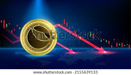 Terra token cryptocurrency. Future currency on blockchain stock market with red arrow pointing down. Gold coins crypto currencies. Banner for news on a solid background. 3D Vector.