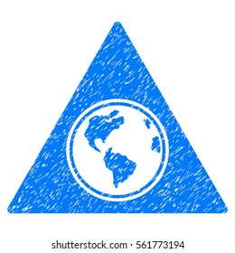 Terra Triangle grainy textured icon for overlay watermark stamps. Flat symbol with dirty texture. Dotted vector blue ink rubber seal stamp with grunge design on a white background.