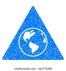 Terra Triangle grainy textured icon for overlay watermark stamps. Flat symbol with dust texture. Dotted vector blue ink rubber seal stamp with grunge design on a white background.