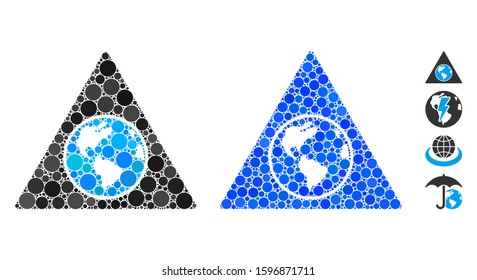 Terra triangle mosaic of small circles in different sizes and color tints, based on terra triangle icon. Vector small circles are composed into blue mosaic.