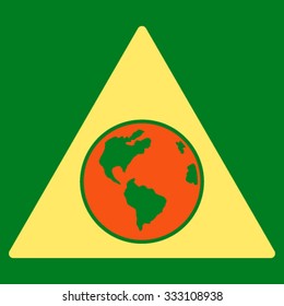 Terra Triangle vector icon. Style is bicolor flat symbol, orange and yellow colors, rounded angles, green background.