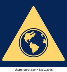 Terra Triangle vector icon. Style is flat symbol, yellow color, rounded angles, blue background.