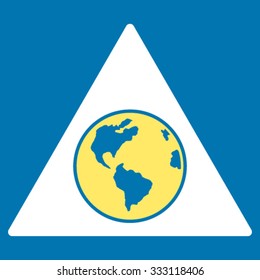 Terra Triangle vector icon. Style is bicolor flat symbol, yellow and white colors, rounded angles, blue background.