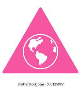 Terra Triangle vector icon. Style is flat symbol, pink color, rounded angles, white background.