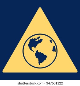 Terra Triangle vector icon. Style is flat symbol, yellow color, rounded angles, blue background.