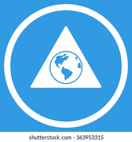 Terra Triangle vector icon. Style is flat circled symbol, white color, rounded angles, blue background.