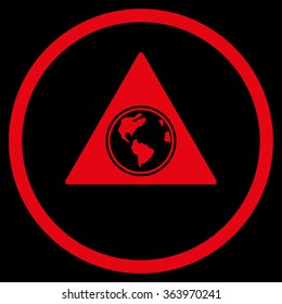 Terra Triangle vector icon. Style is flat circled symbol, red color, rounded angles, black background.