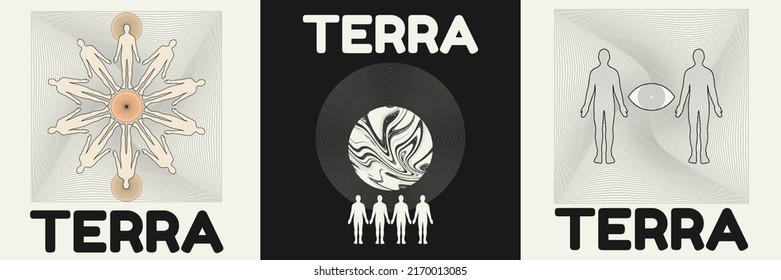 Terra. Vector set of hand drawn minimalistic placard with illustration. Creative metaverse artwork with human silhouette, text . Template for card, poster, banner, print for t-shirt, brochure, label.