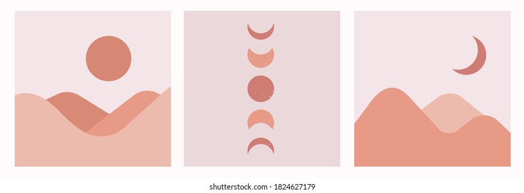 Terraccota Sunset, Moon Phase And Moonlight Bedroom Print, Abstract Wall Art. Mid Century Modern Moon
