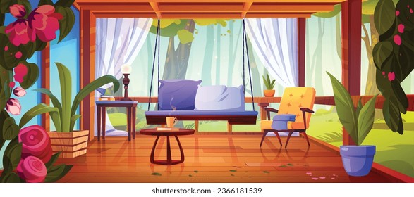 Terrace with access to forest, wooden floor and glass walls, chair and swing, plants in pot and curtains. Cartoon patio with furniture and flowers for relax and vacation. Veranda in garden in summer.