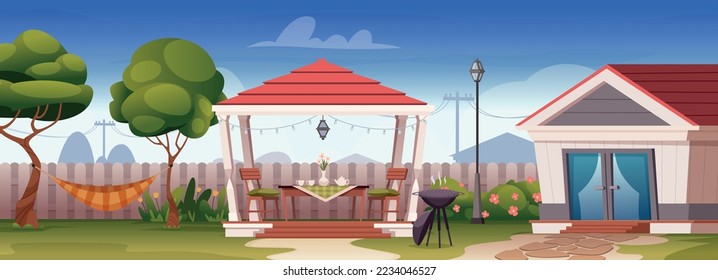 Terrace background. Outdoor village landscape with gazebo and hammock for relax time in garden exact vector template