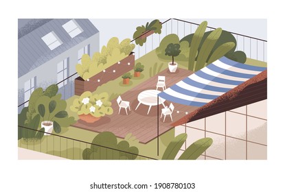 Terrace or balcony garden with plants and furniture. Modern cozy eco-style interior with greenery, flowers, sunshade, table and chairs at top of roof. Colorful flat textured vector illustration.