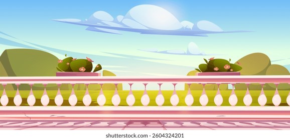 Terrace balcony with white balusters fence, green plants in flowerpots on pink marble railing and clouds on blue sky. Stone balustrade overlooking scenic landscape view. Exterior decor, porch design.