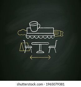 Terrace cafe chalk icon. Dinner in restaurant terrace. Forced distance. Regulation through covid19. Restaurants new normal concept.Isolated vector illustration on chalkboard