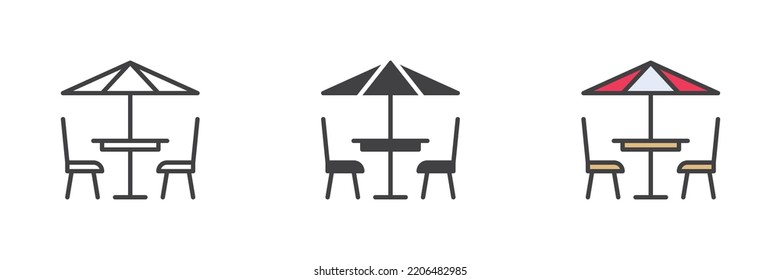 Terrace cafe different style icon set. Line, glyph and filled outline colorful version, table chair and parasol outline and filled vector sign. Symbol, logo illustration. Vector graphics