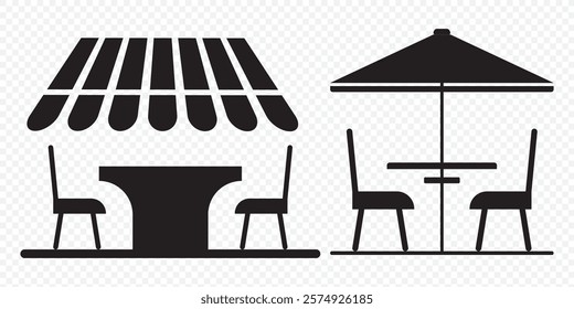 Terrace cafe icon, line icon, terrace icon line art logo, cafe umbrella icon, Terrace cafe logo, Street Cafes Icons. Table and Chairs in a Summer Restaurant, Leisure and tourism logo. eps 10.