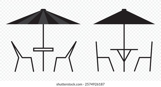 Terrace cafe icon, line icon, terrace icon line art logo, cafe umbrella icon, Terrace cafe logo, Street Cafes Icons. Table and Chairs in a Summer Restaurant, Leisure and tourism logo. eps 10.