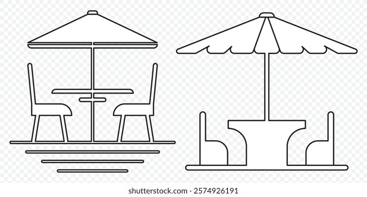 Terrace cafe icon, line icon, terrace icon line art logo, cafe umbrella icon, Terrace cafe logo, Street Cafes Icons. Table and Chairs in a Summer Restaurant, Leisure and tourism logo. eps 10.