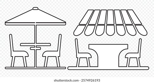 Terrace cafe icon, line icon, terrace icon line art logo, cafe umbrella icon, Terrace cafe logo, Street Cafes Icons. Table and Chairs in a Summer Restaurant, Leisure and tourism logo. eps 10.