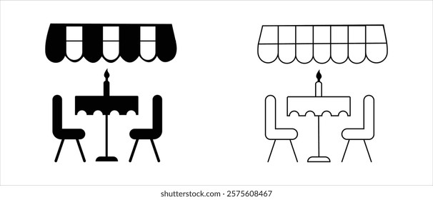 Terrace cafe icon, vector illustration. Terrace cafe silhouette line icon, cafe umbrella icon, Table and chair vector silhouette design. Beach side Summer Restaurant, vector illustration. 