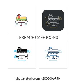 Iconos de la cafetería de la terraza. Cena en la terraza del restaurante.Distancia forzada.Regulación a través de covid19.Restaurantes nueva normalidad.Colección de iconos en estilos lineales, rellenos y de color.Iconos vectoriales aislados