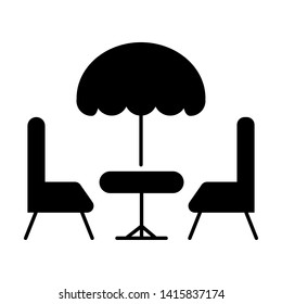 Terrace cafe, two chairs under the umbrella sign