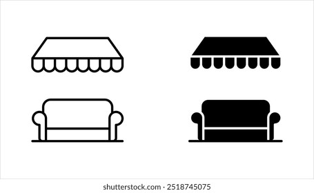 Conjunto de ícones de vetor do Terrace cafe. Ilustração do vetor da mesa de café no telhado sobre fundo branco