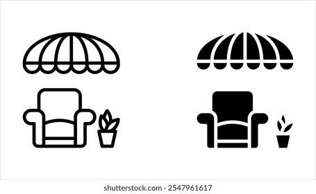 Conjunto de iconos de Vector de cafetería de terraza. Icono de línea de café de terraza sobre fondo blanco