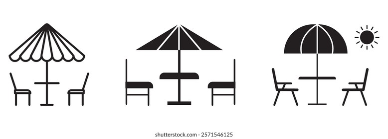 Terrace cafe vector icon set. Rooftop coffee table vector symbol for UI designs. Outdoor garden restaurant table vector icon.