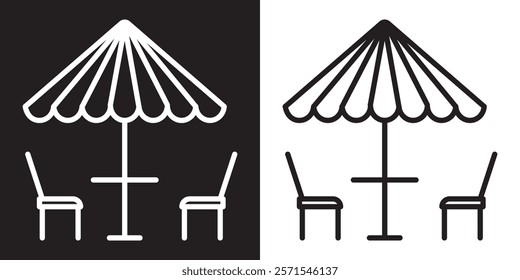 Terrace cafe vector icon set. Rooftop coffee table vector symbol for UI designs. Outdoor garden restaurant table vector icon.