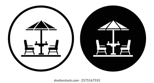 Terrace cafe vector icon set. Rooftop coffee table vector symbol for UI designs. Outdoor garden restaurant table vector icon. Editable outdoor seat vector icon. Cafe, coffee shop, restaurant, drink. 