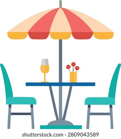Terrace Cafe Vector Icon, two chairs, one table with a vase under an umbrella—outdoor seating arrangement. Modern café terrace vector illustration featuring outdoor seating with tables and chairs, and a welcoming café ambiance. 