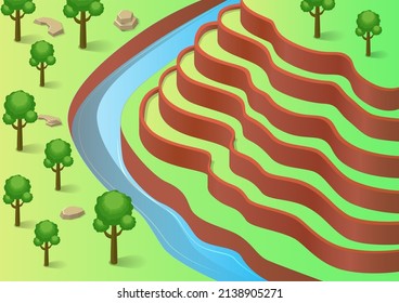 Terrace Farming Land With River And Trees