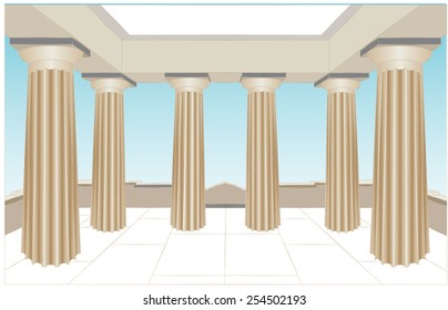 Terrace with fluted Doric columns sans serif with modest capitals. The floor is paved with smooth stone plates ending shaped parapet