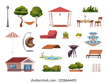 Terrace furniture. Gardening items for working and relax time fireplace tables bbq chairs hammock gazebo exact vector templates